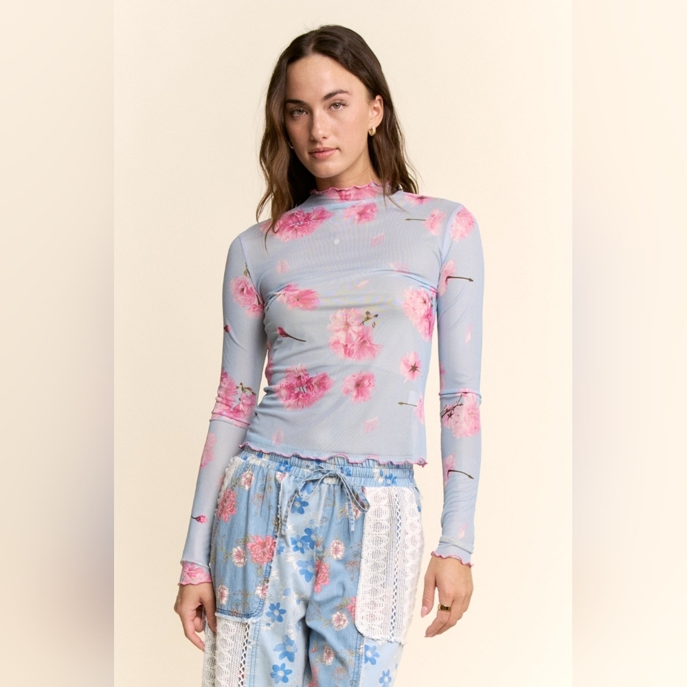 ​DAVI & DANI Cherry Blossom Floral Mesh Mock Neck Top - Light Blue & Pink